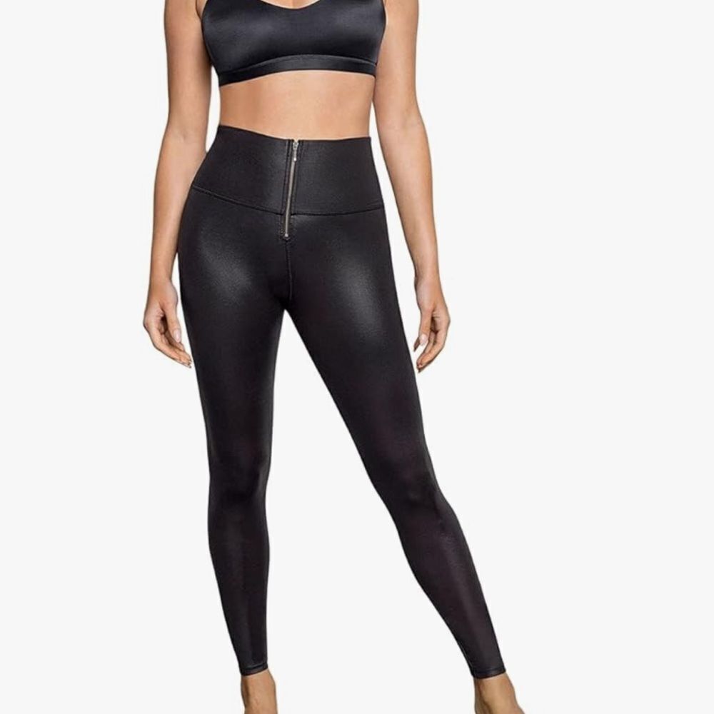 Leonisa Faux Leather Look Zip-Front Sculpting Legging L New